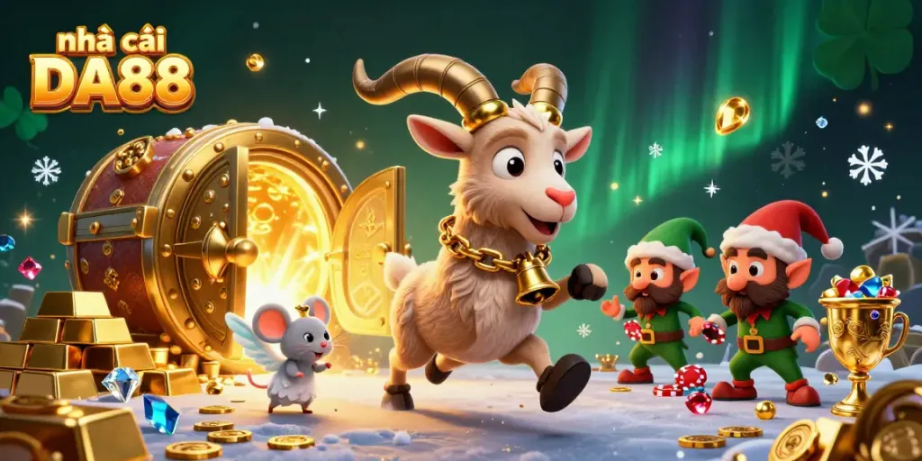 Experience the festive chaos of nhà cái DA88 as Krampus oversees a lively casino scene.