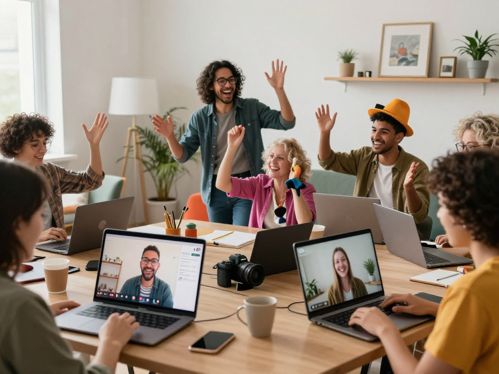 Engaging online improv classes showcasing students laughing and interacting.