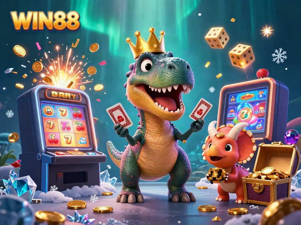 Experience the excitement of WIN88 with a vibrant 3D casino scene featuring animated characters and dynamic game elements.