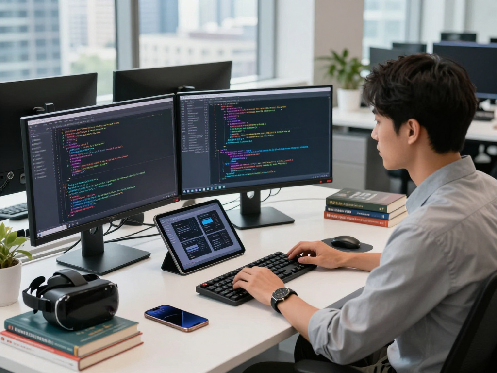 Desarrollador de software programando en un entorno moderno, rodeado de servidores dedicados en México y tecnología avanzada.