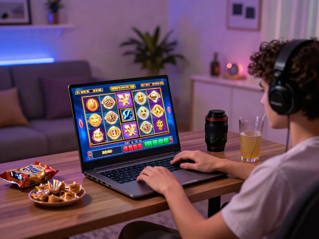 Online player enjoying slot jackpot games in a vibrant home setting with exciting graphics.
