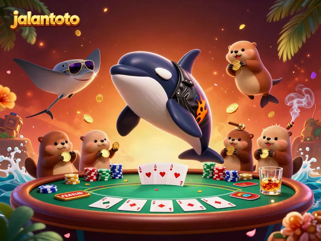 Gambarlah jalantoto dengan orca, stingray, dan berang-berang laut yang menangkap koin emas di kasino.