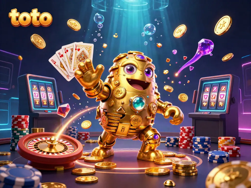 Engage with the thrilling world of toto as golden entities and sparkling gems animate a vibrant casino scene.