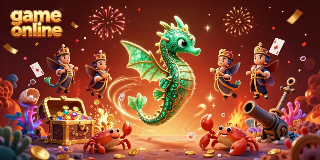 Engaging illustration depicting the vibrant world of game online featuring a fantasy sea dragon and underwater treasure.