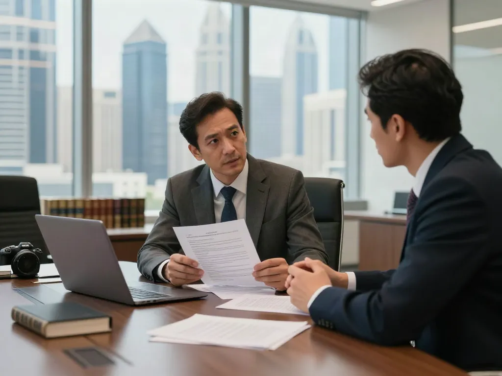 Fraud Lawyer in Dubai consulting with a client in a modern law office.