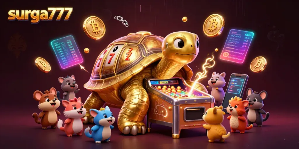 Engage with surga777's exciting slot experience featuring a grand tortoise pinball machine in a casino atmosphere.