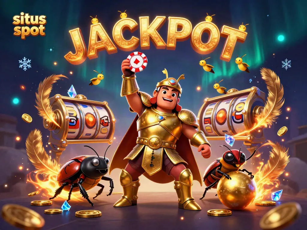 Situs slot victorious scene with beetle characters celebrating a jackpot amidst coins and swirling game elements.