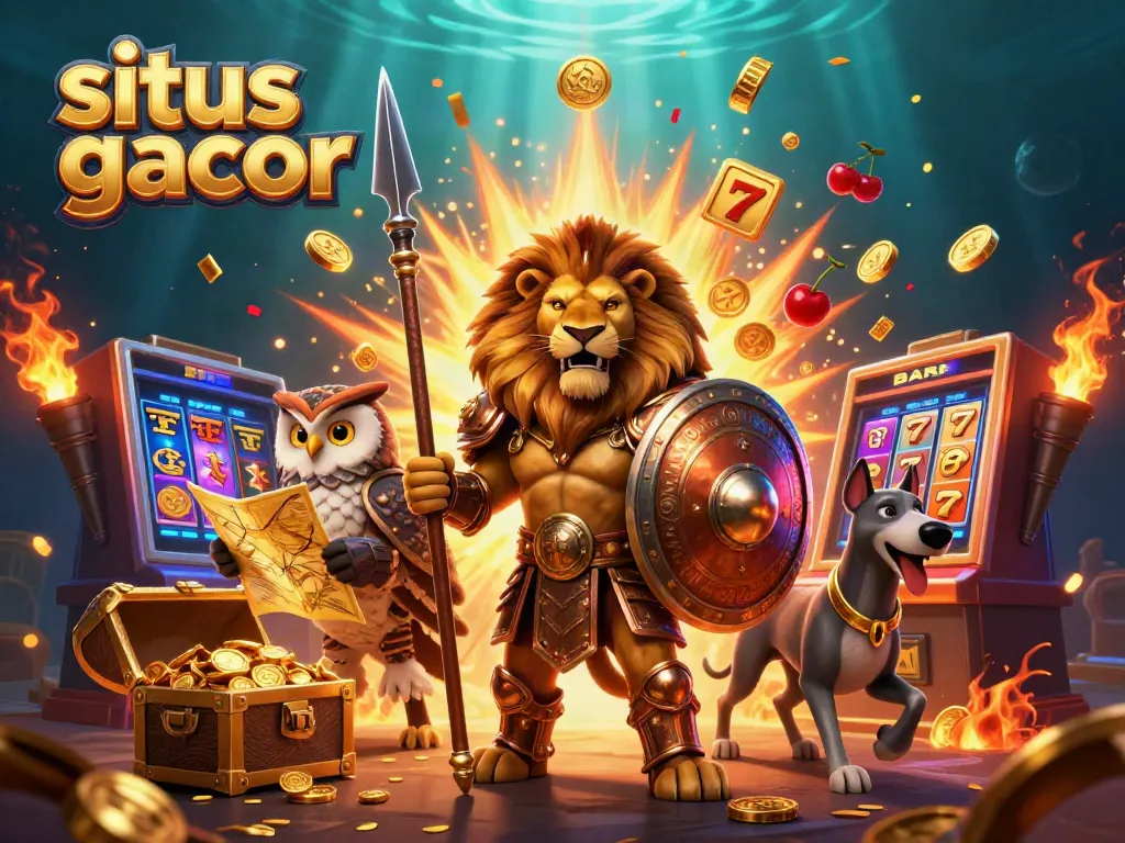 Experience the excitement of situs gacor with a vibrant 3D casino scene featuring a heroic lion and jackpot elements.