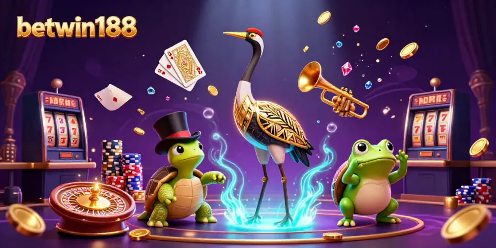 Bermain di BETWIN188 dengan simbol keberuntungan seperti slot dan koin emas yang berkilauan.