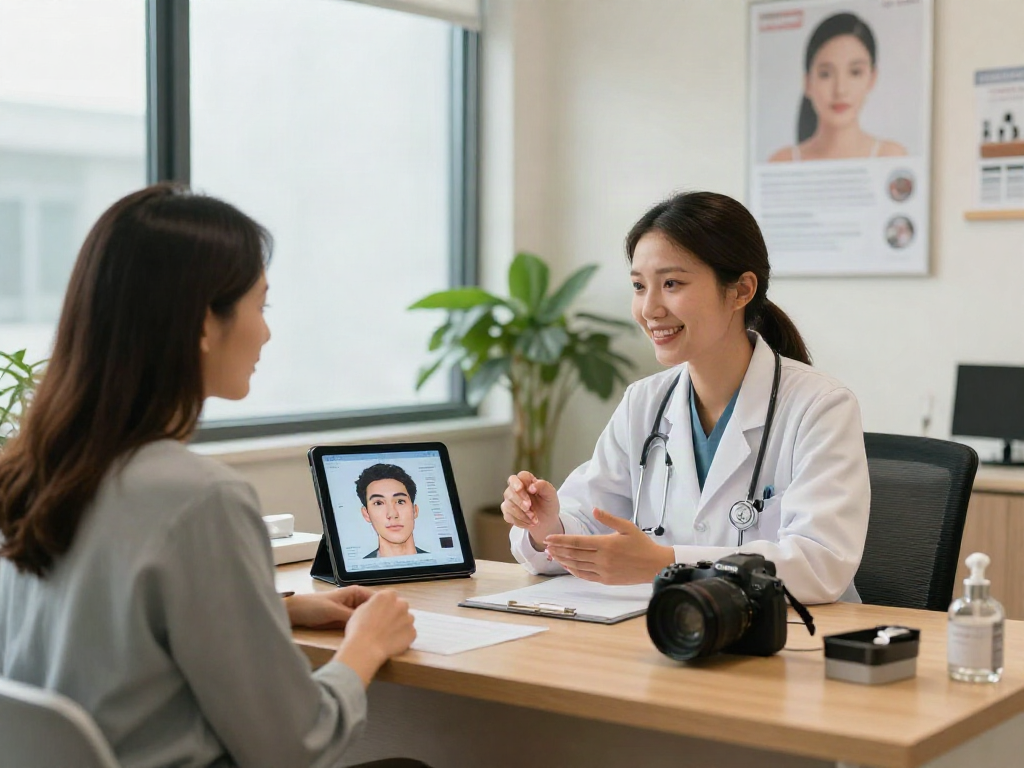 ClinicEvo cheaper than QOVES consultation analysis with doctor and patient discussing facial metrics.