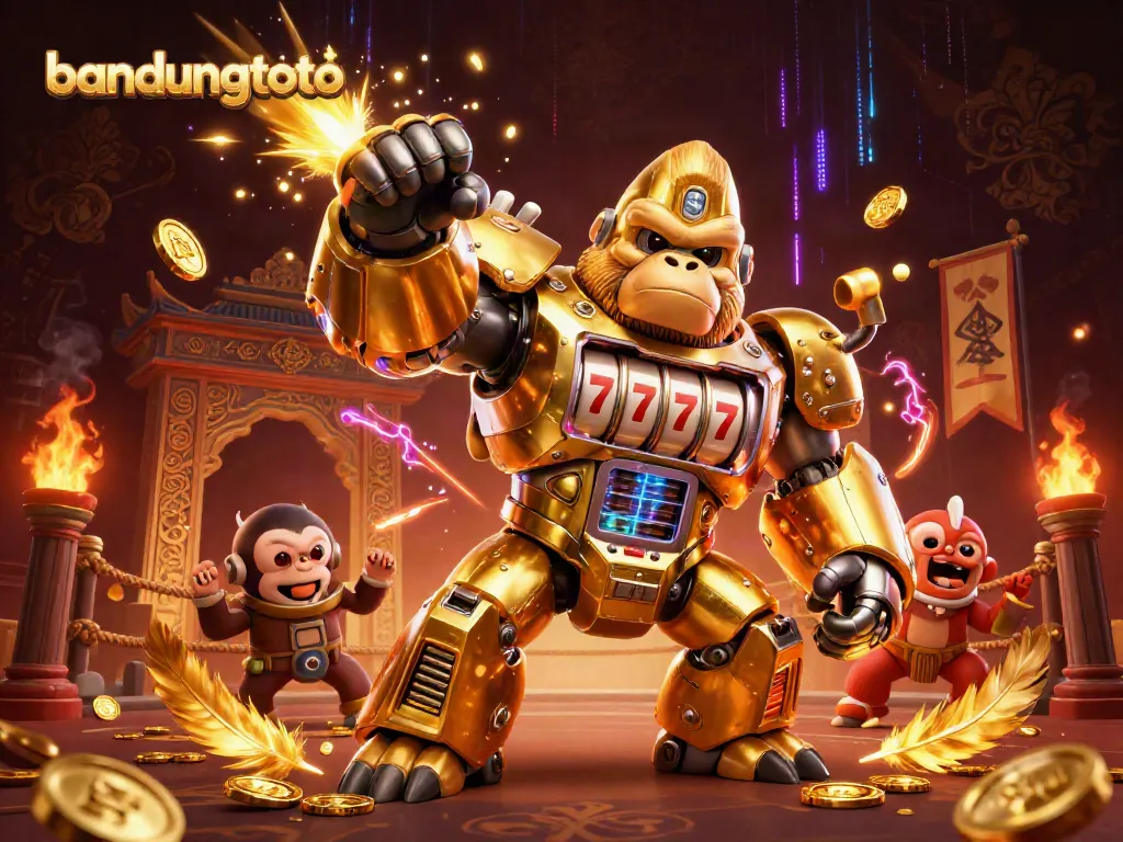 Experience thrilling action with bandungtoto in this vibrant 3D digital illustration featuring a golden gorilla mech.