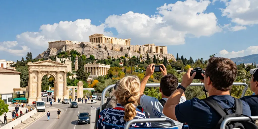 City bus tour Athens featuring a traveler on an open-top bus with the Acropolis backdrop, capturing the essence of sightseeing.