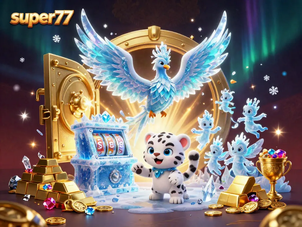 Experience the excitement of Super77 with an ice phoenix and sparkling slot games in a vibrant casino scene.
