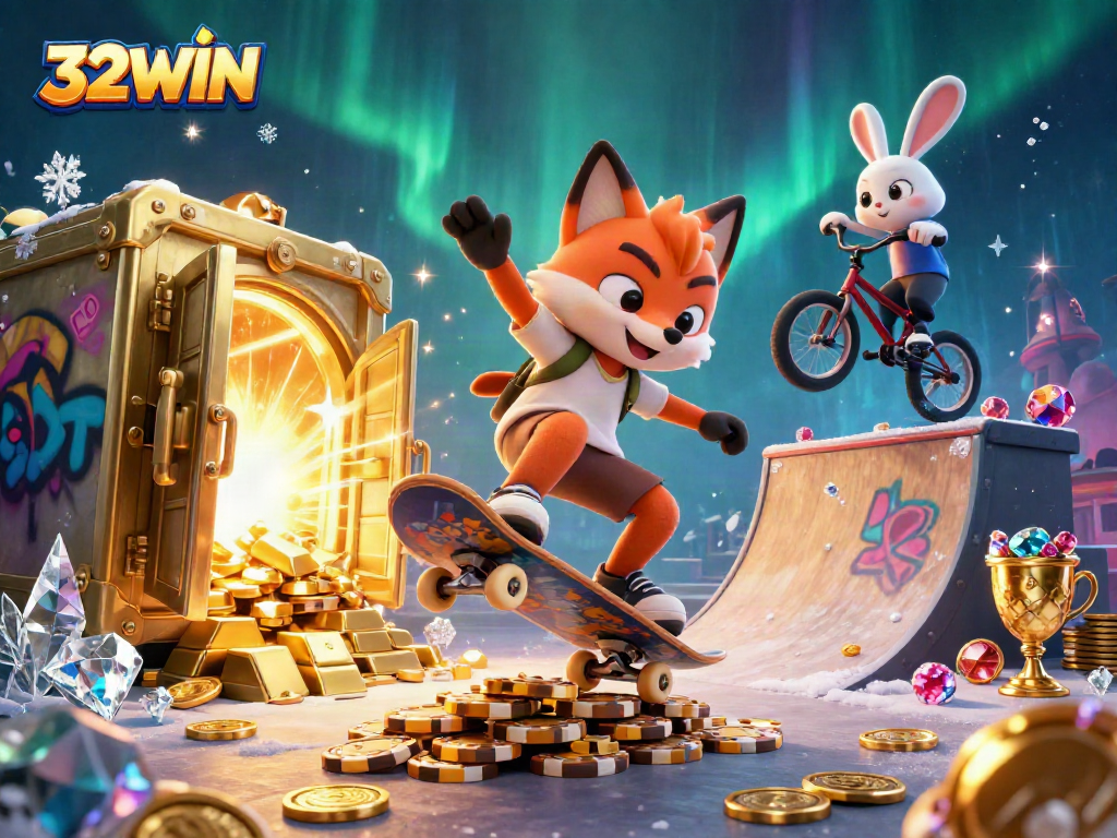 Experience excitement with 32WIN as a cartoon fox performs tricks over golden poker chips.