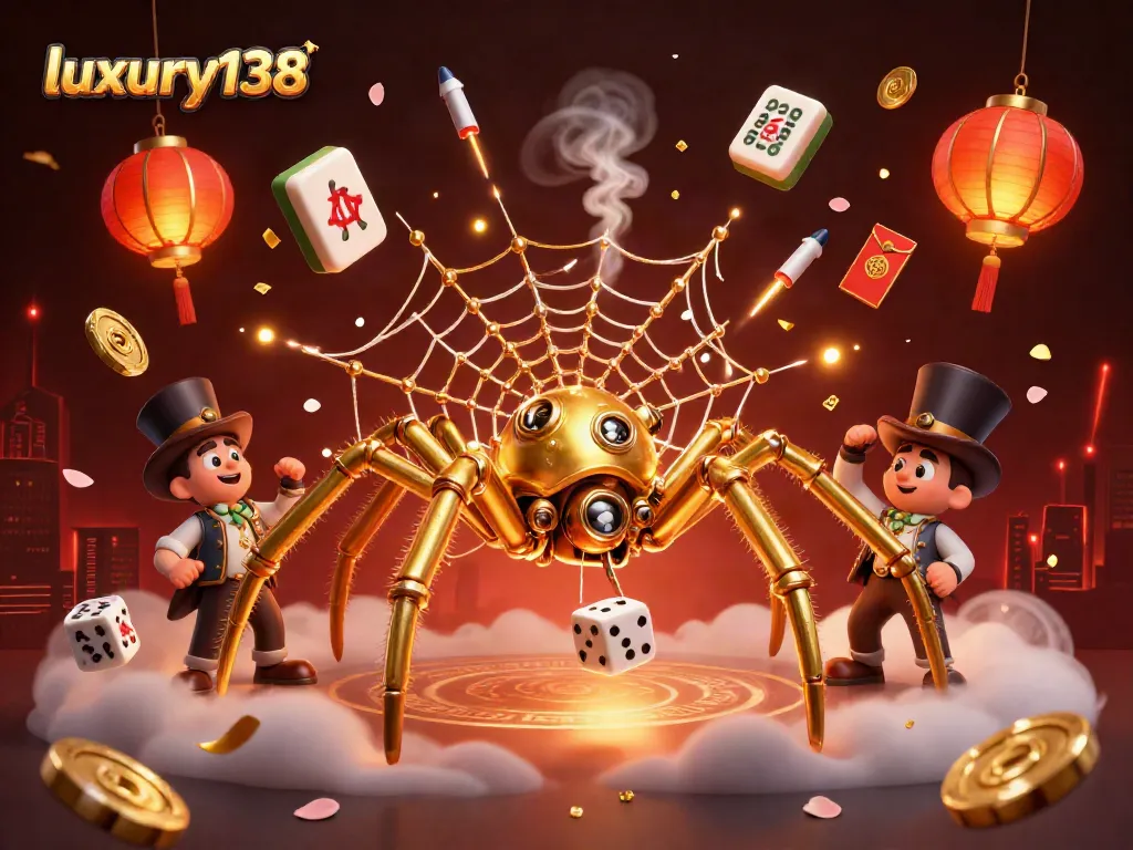 luxury138 menangakan dadu dalam jaring emas, dikelilingi mahjong dan lampion merah