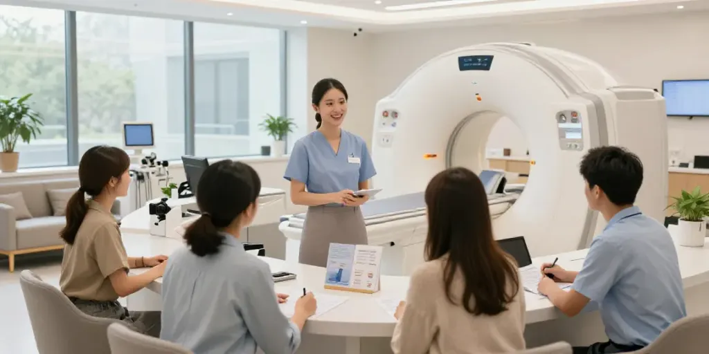 Was Sie zu Ihrem Termin im Diagnostikzentrum Wolfsburg mitbringen sollten, freundliches Personal im Empfangsbereich