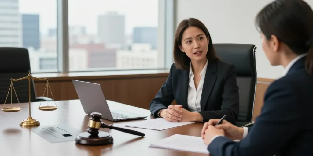 Karen McCleave GTA attorney consulting with a client in a modern law office setting.