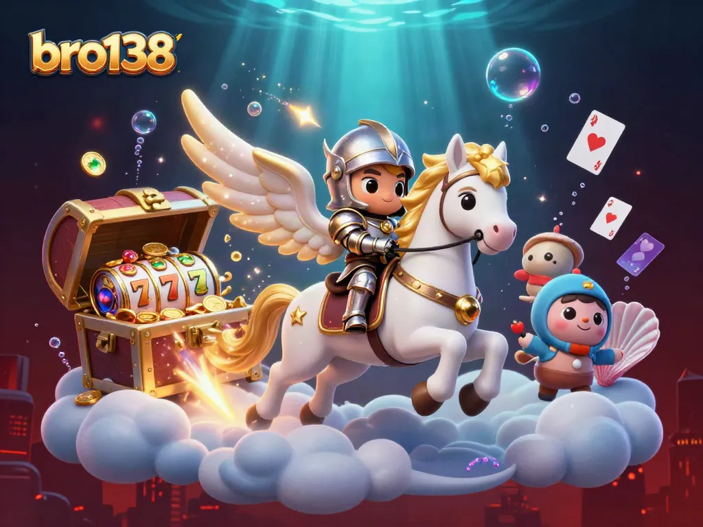 Experience thrilling gameplay at bro138 with enchanting visuals of a celestial horse and gold treasures.