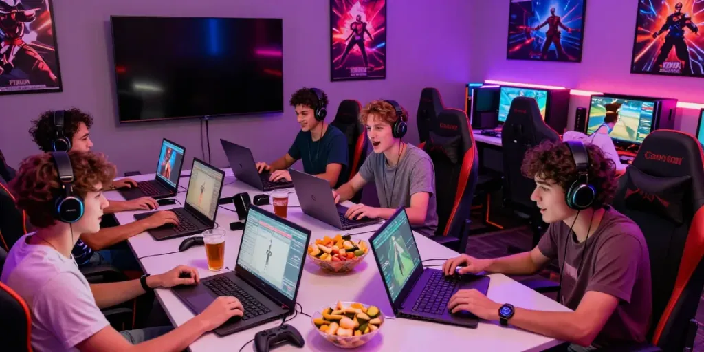 Friends enjoying multiplayer game online in a vibrant gaming lounge.