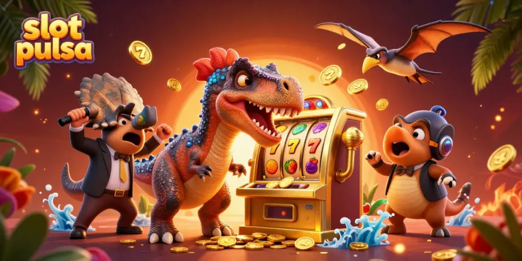 Experience the excitement of slot pulsa as a cartoon dinosaur interacts with a golden slot machine amidst flying coins.