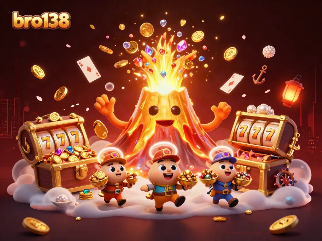 Spin to win with bro138's vibrant casino scene of treasures and lucky symbols!