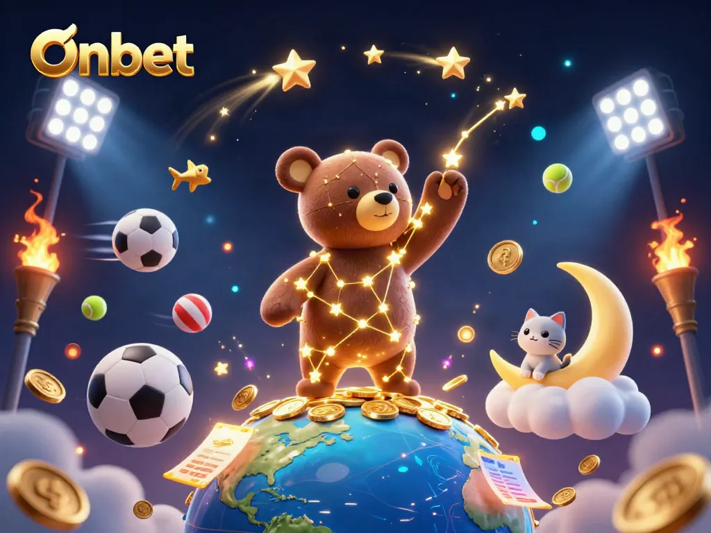Onbet showcases winning strategies in gambling with dynamic 3D casino elements and vibrant graphics.