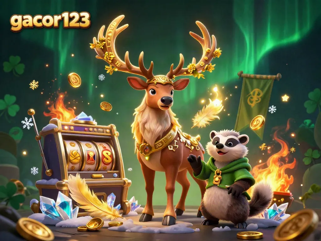Spin the reels at gacor123 with a Celtic stag and a wise badger amid festive gaming elements.