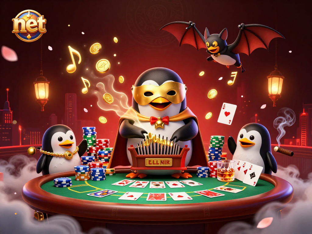 Unleash a flurry of coins with net at the center of a vibrant online casino illustration featuring a penguin playing organ.