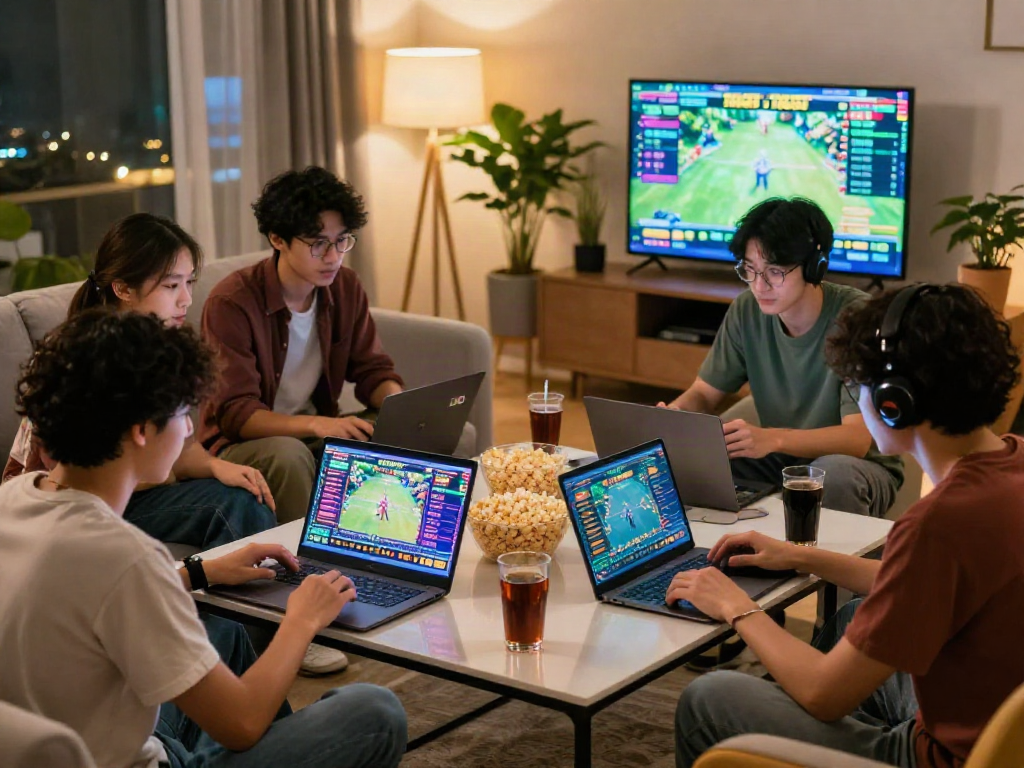 Exciting gaming atmosphere with friends enjoying bandar togel online in a cozy living room.