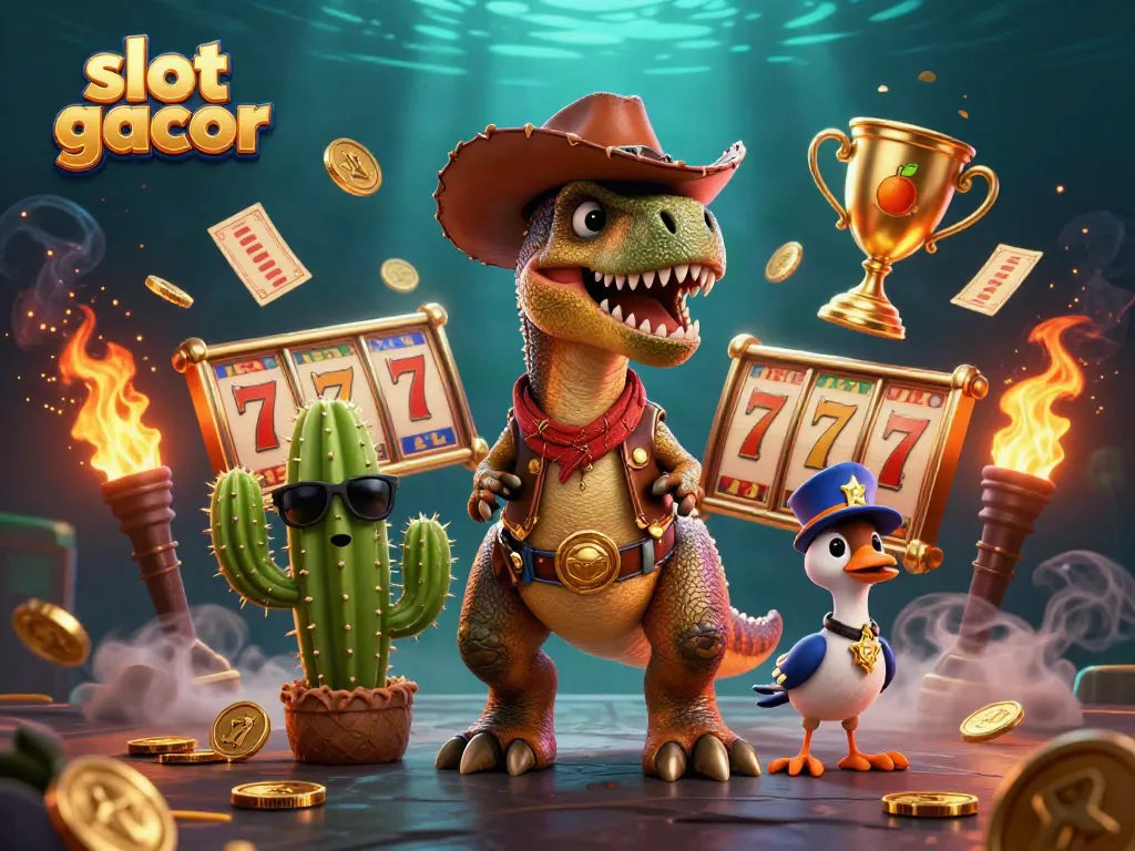 Engaging slot gacor gameplay scene featuring animated dinosaurs and vibrant casino elements.