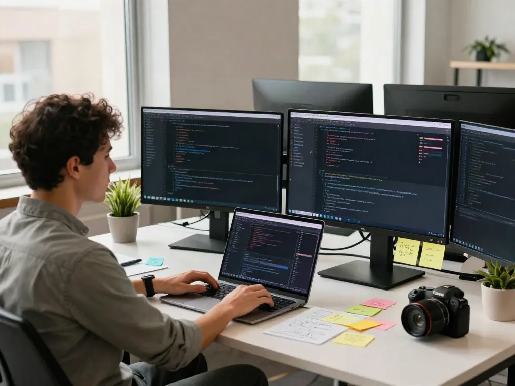 Developer using a unified LLM API in a modern tech workspace.