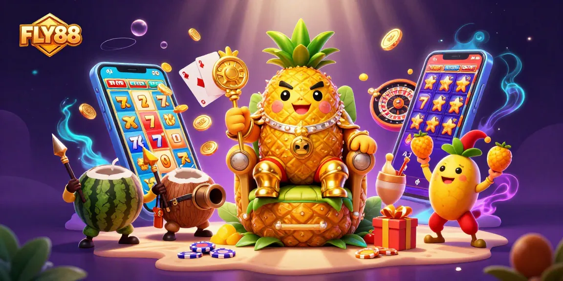 Engage with FLY88's vibrant gaming scene featuring a golden pineapple king on his throne amidst dynamic casino elements.