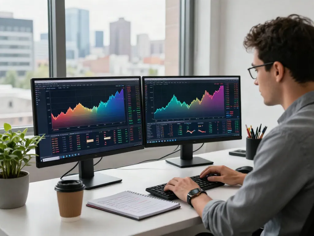 Trader analyzing financial data on TradingView charts in a modern workspace.