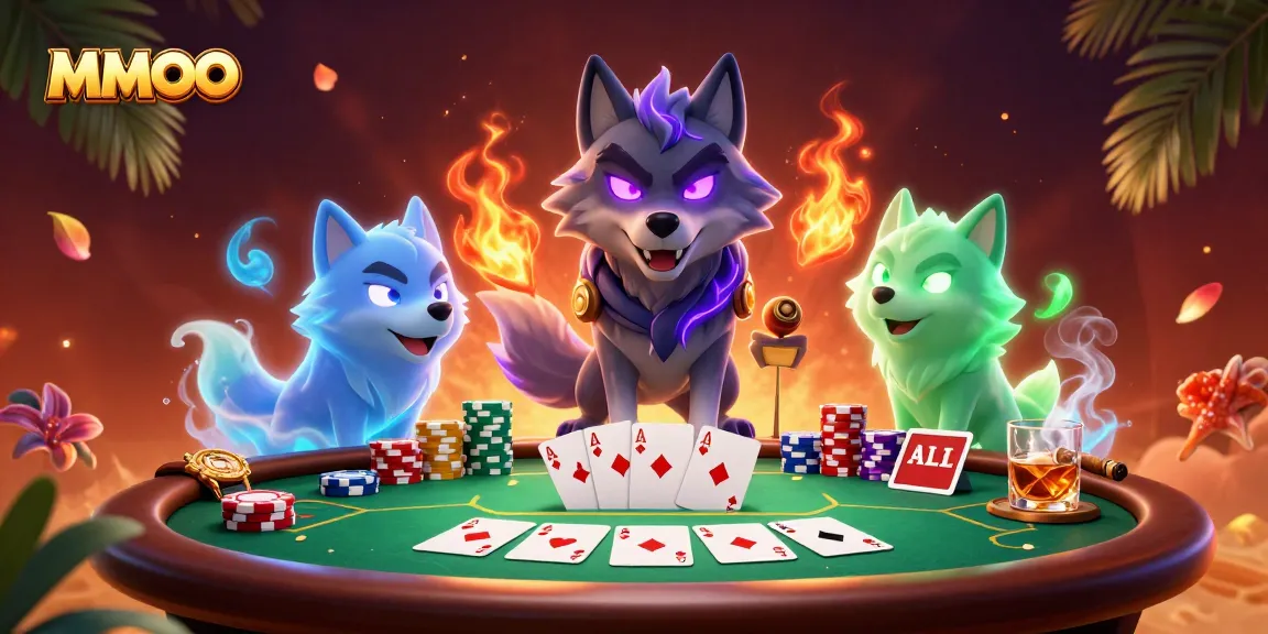 MMOO gaming in action with vibrant poker elements and mystical wolf characters.