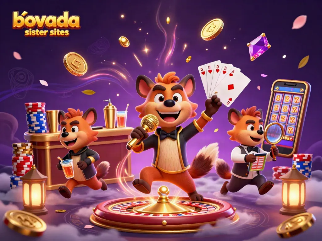 Hyenas operate a comedy club while showcasing Bovada sister sites in a vibrant casino scene.