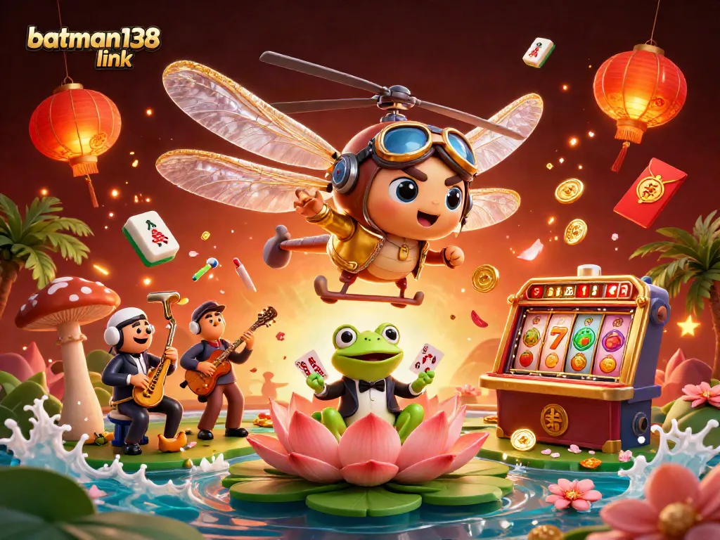 Engage in thrilling action with batman138 link at a vibrant lily pad casino, featuring jazz music and card games.