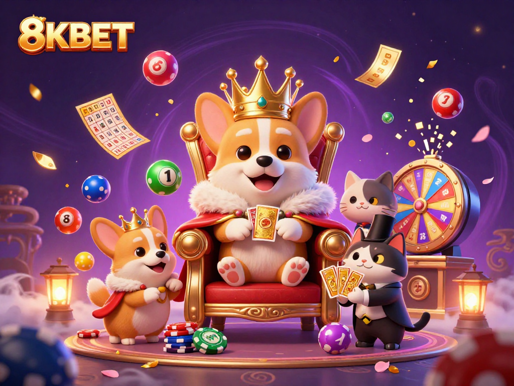 Experience the vibrant and engaging world of 8KBET through this dynamic illustration filled with casino elements.