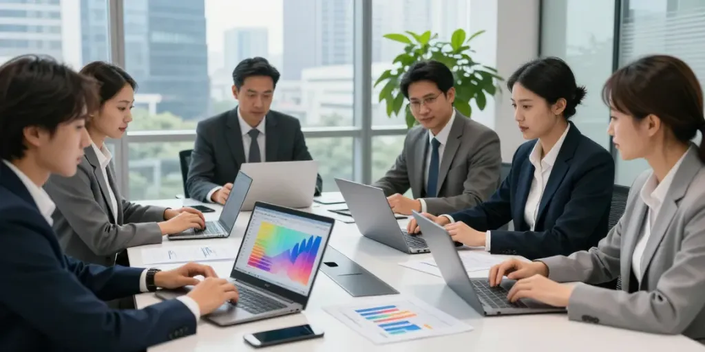 Finance experts discussing the largest banks in the world by total assets in a modern conference room.