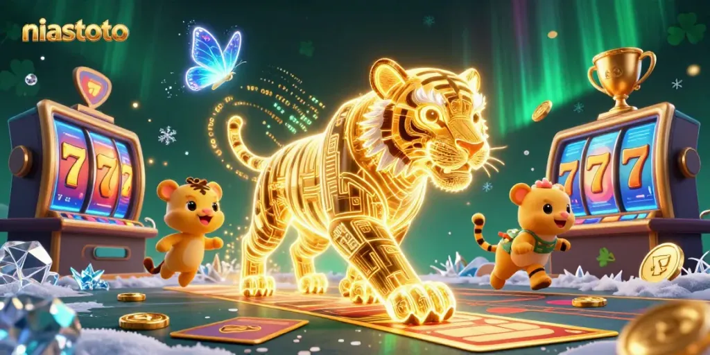 Experience niastoto's vibrant digital casino with energy trails, slot reels, and a golden tiger.