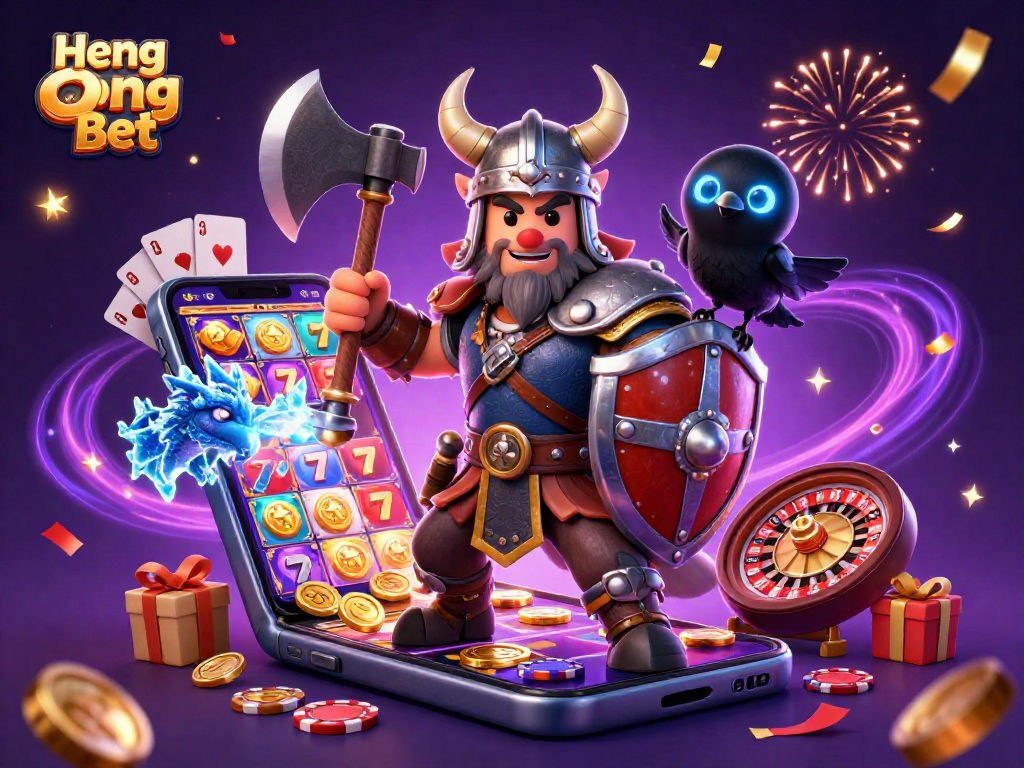 Engage with Heng Ong Bet by spinning reels, featuring a Viking wolf, dragon, and magical elements.