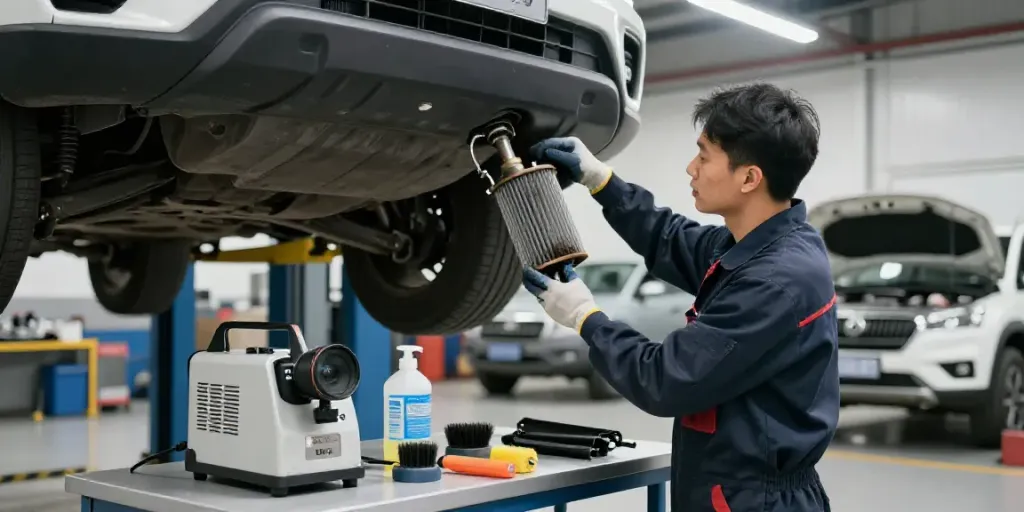 Mechanic performing dpf reinigen in an automotive workshop, inspecting a diesel particulate filter.
