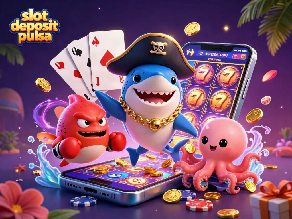 Win big with slot deposit pulsa as cartoon characters join an exciting gaming scene filled with vibrant slot elements.