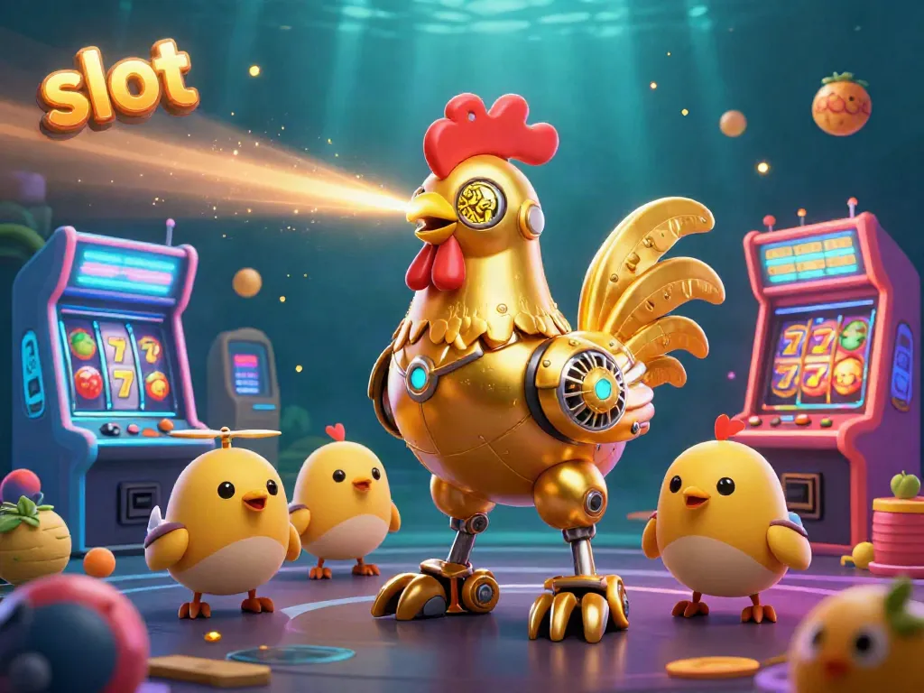 Engage with vibrant slot game excitement featuring a retro-futuristic robot and baby chick drones.