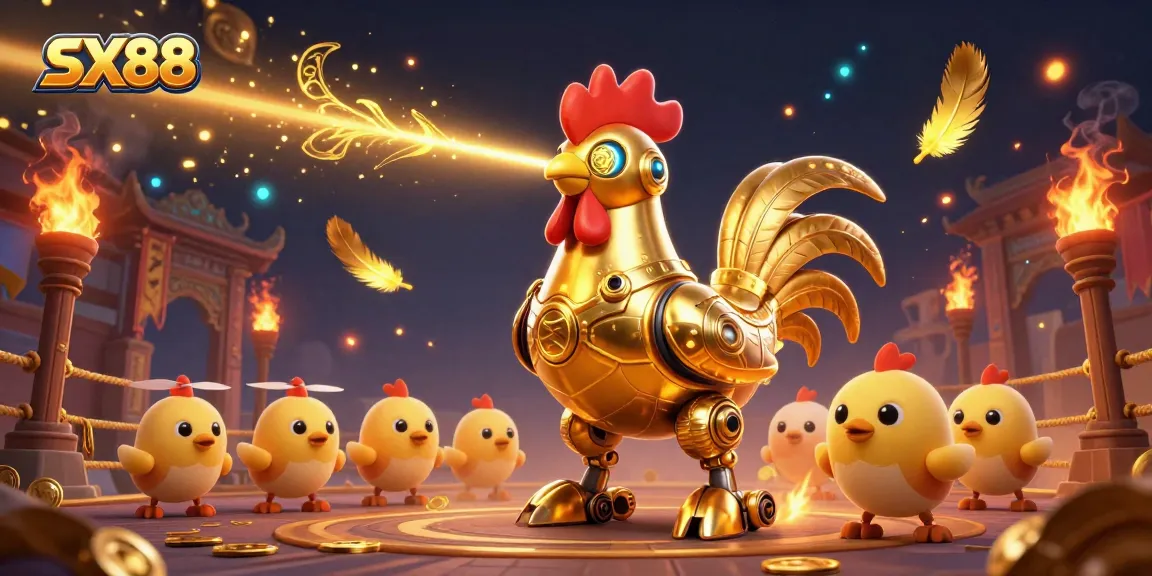 SX88 casino gaming illustration with a golden rooster robot and baby chick drones in an energetic and vibrant setting