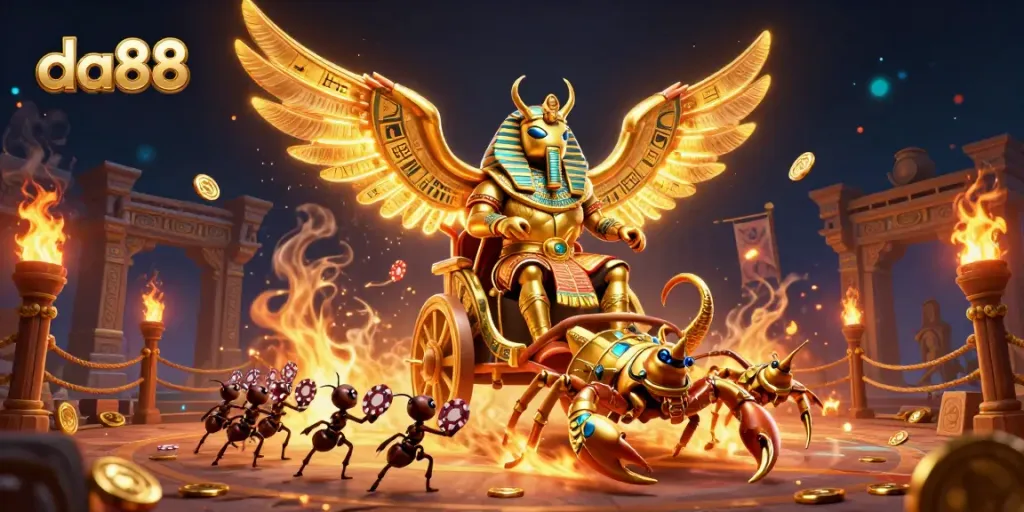 Experience the thrilling da88 gaming scene featuring golden scarab and scorpions in a dynamic casino atmosphere.