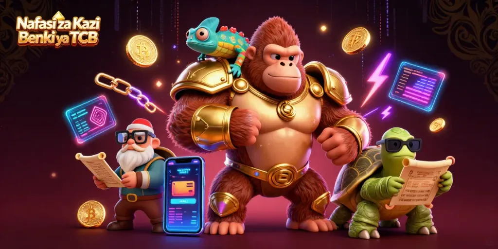 Nafasi za Kazi Benki ya TCB showcases an energetic 3D scene with characters and gambling elements representing this banking opportunity.