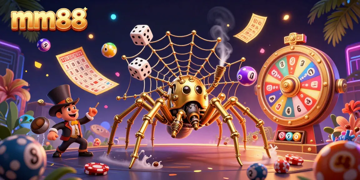 Engage with mm88 through vibrant lottery games featuring a steampunk spider and dynamic elements.