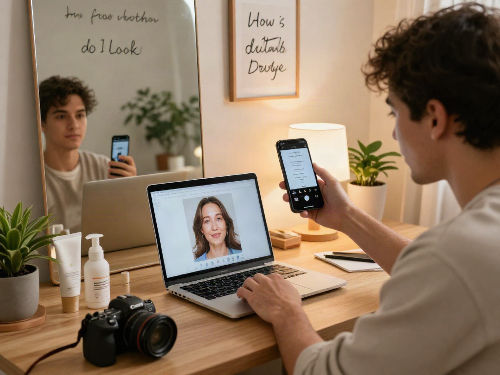 Determining how old do I look with AI analysis in a cozy home workspace.