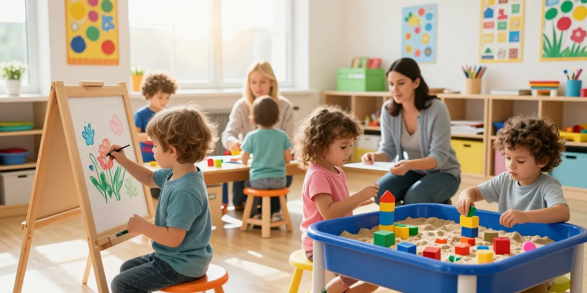 Engaging classroom at pre schools in Singapore with children exploring art and building skills.