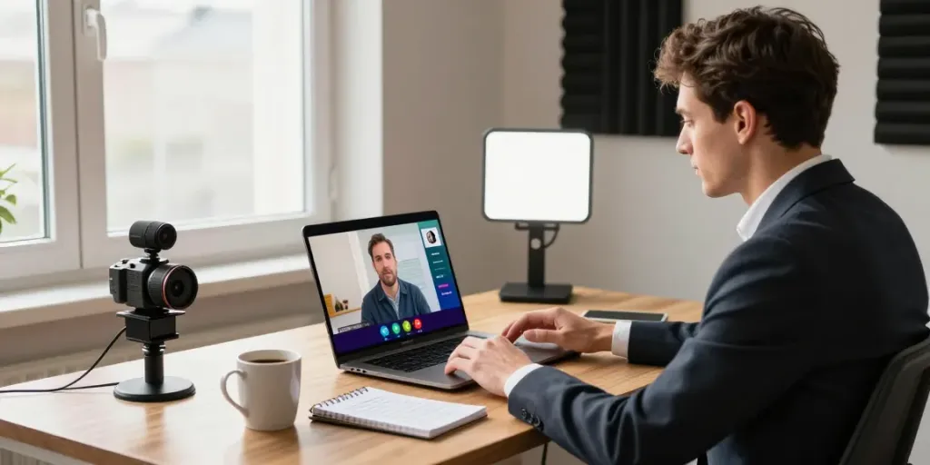 Professional participating in deepfake free meetings in a modern home office with a laptop and vibrant video call interface.